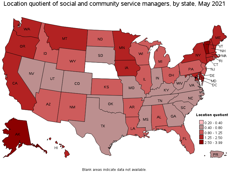 Map of location quotient of social and community service managers by state, May 2021