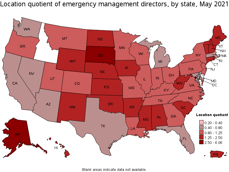 Map of location quotient of emergency management directors by state, May 2021