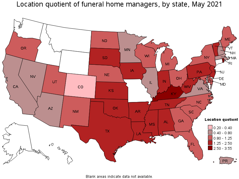 Map of location quotient of funeral home managers by state, May 2021