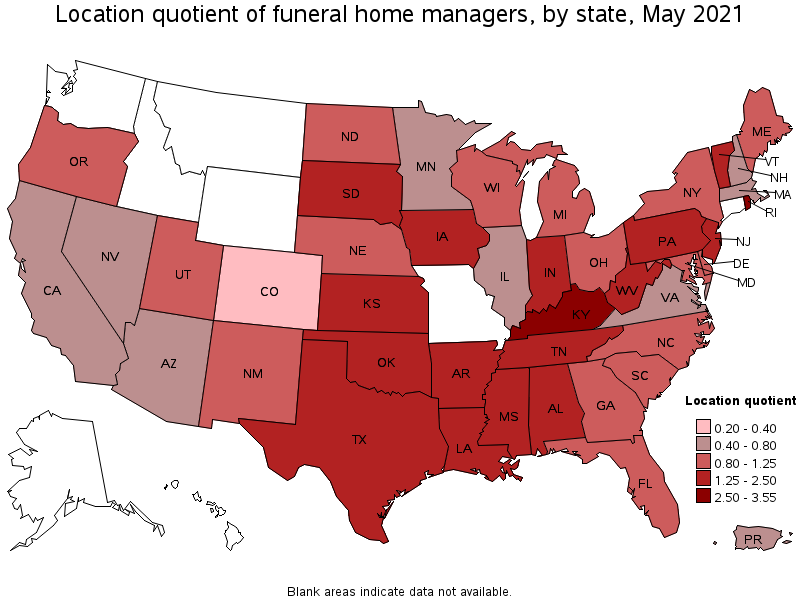 Map Of Location Quotient Of Funeral Home Managers By State May 2021