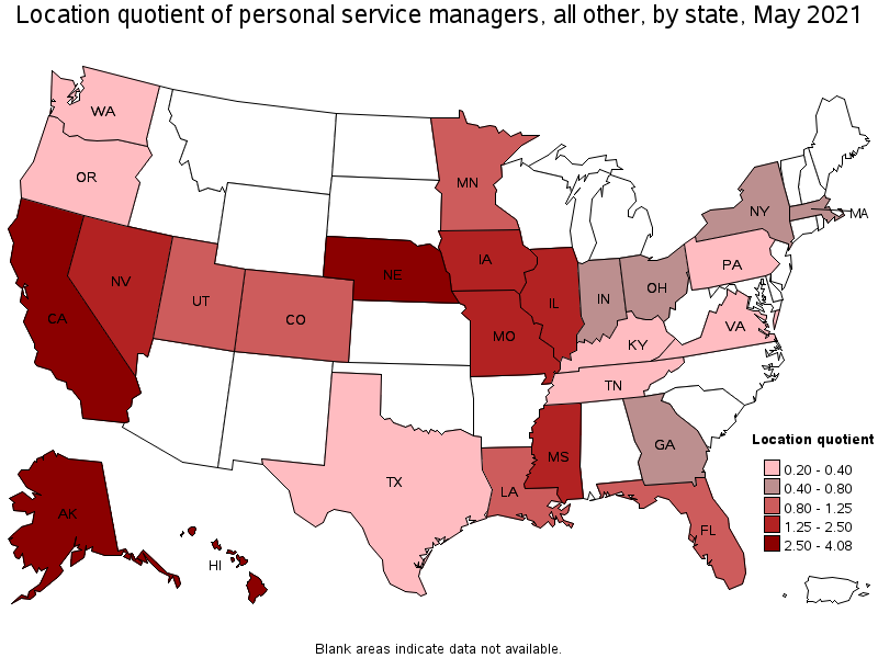Map of location quotient of personal service managers, all other by state, May 2021
