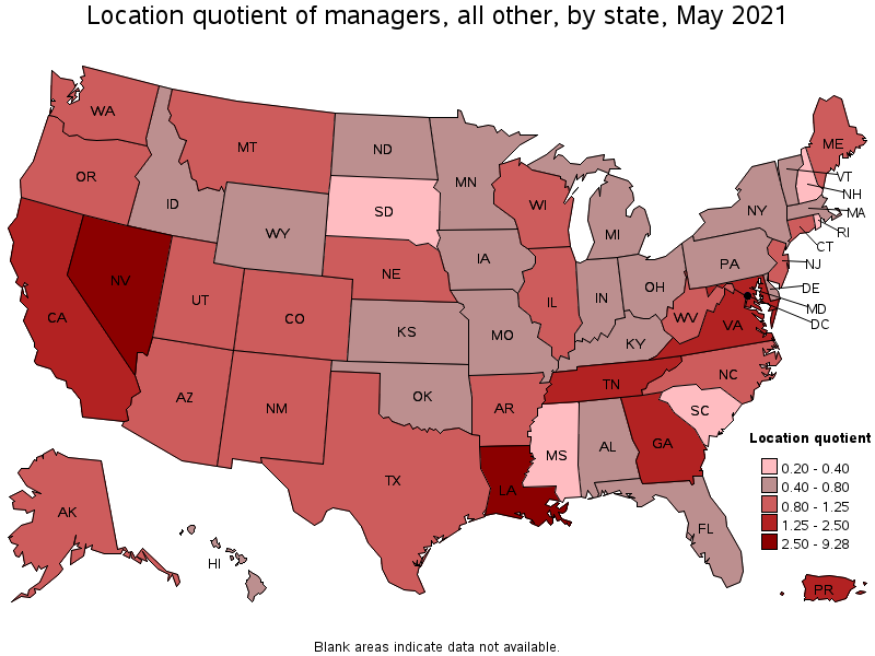 Map of location quotient of managers, all other by state, May 2021