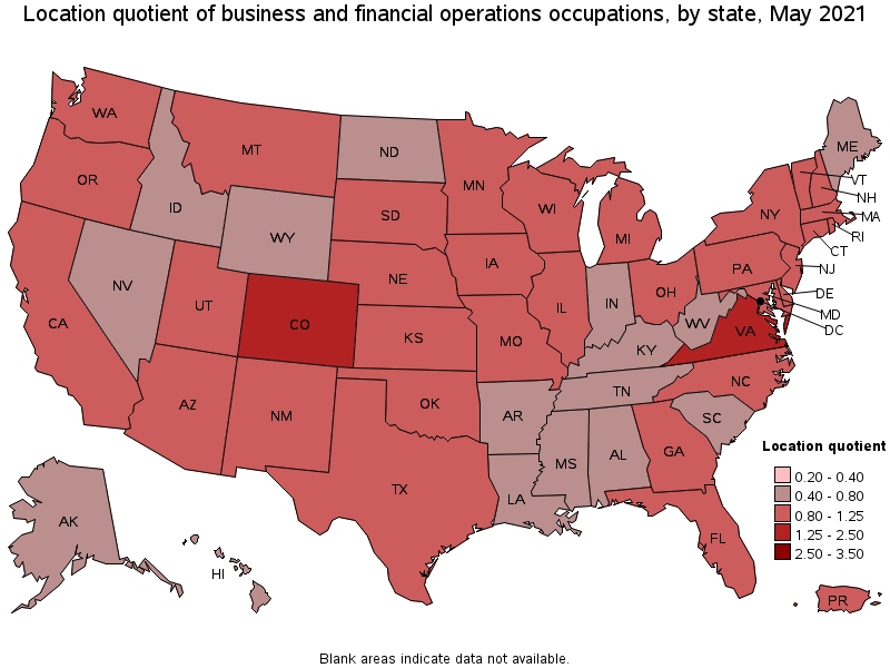 Map of location quotient of business and financial operations occupations by state, May 2021