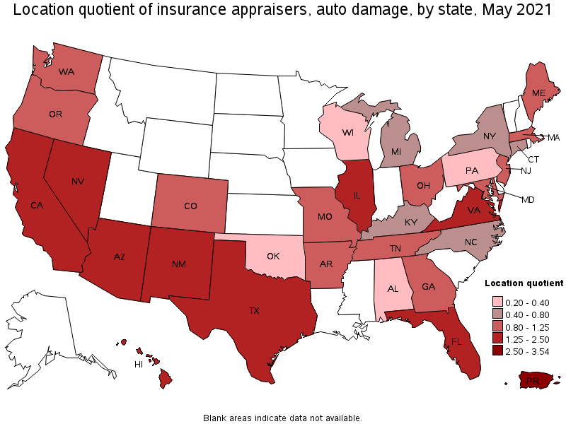 Map of location quotient of insurance appraisers, auto damage by state, May 2021