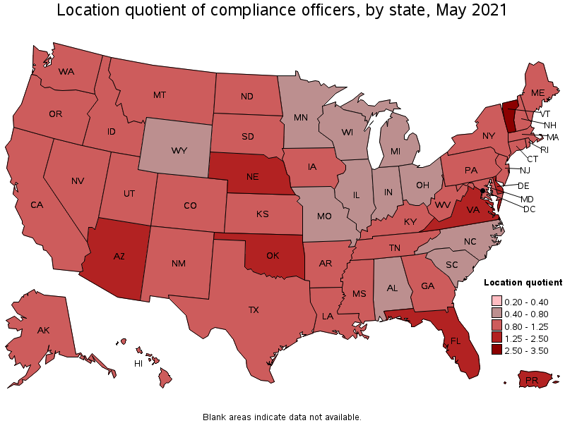 Map of location quotient of compliance officers by state, May 2021