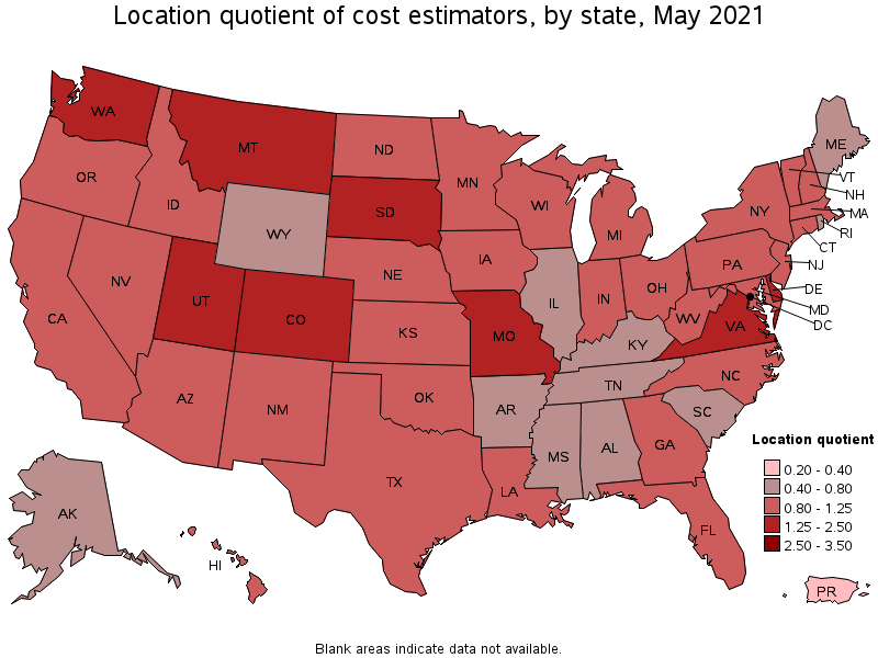 Map of location quotient of cost estimators by state, May 2021