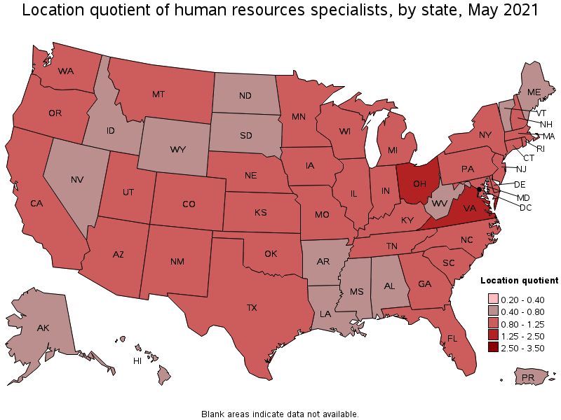 Map of location quotient of human resources specialists by state, May 2021