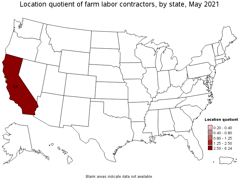 Map of location quotient of farm labor contractors by state, May 2021