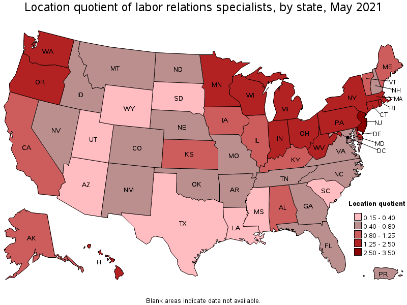 Map of location quotient of labor relations specialists by state, May 2021