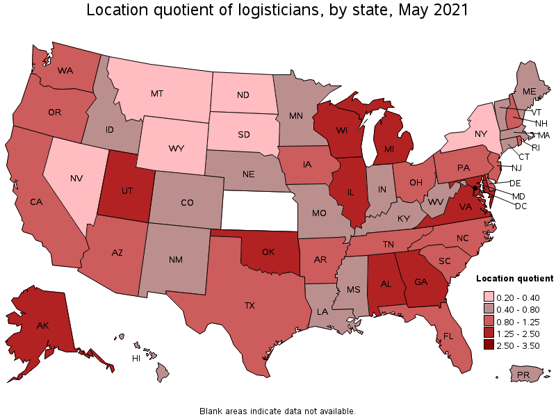 Map of location quotient of logisticians by state, May 2021