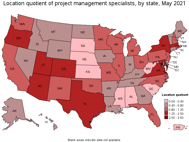 Map of location quotient of project management specialists by state, May 2021