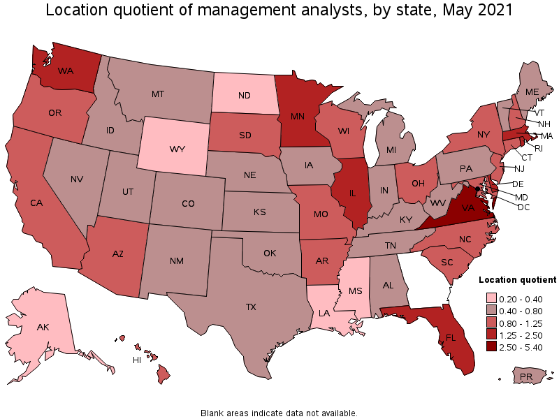 Map of location quotient of management analysts by state, May 2021