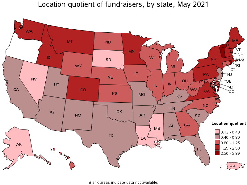 Map of location quotient of fundraisers by state, May 2021