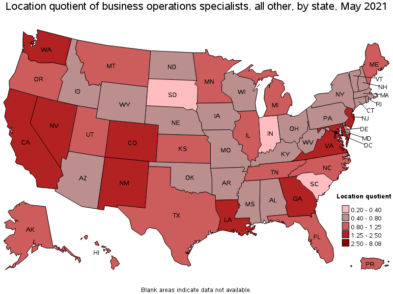 Map of location quotient of business operations specialists, all other by state, May 2021