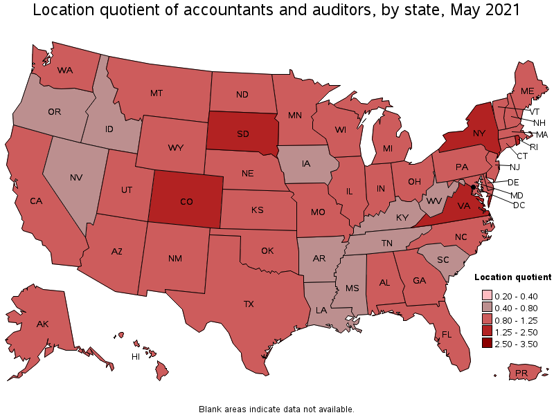 Map of location quotient of accountants and auditors by state, May 2021