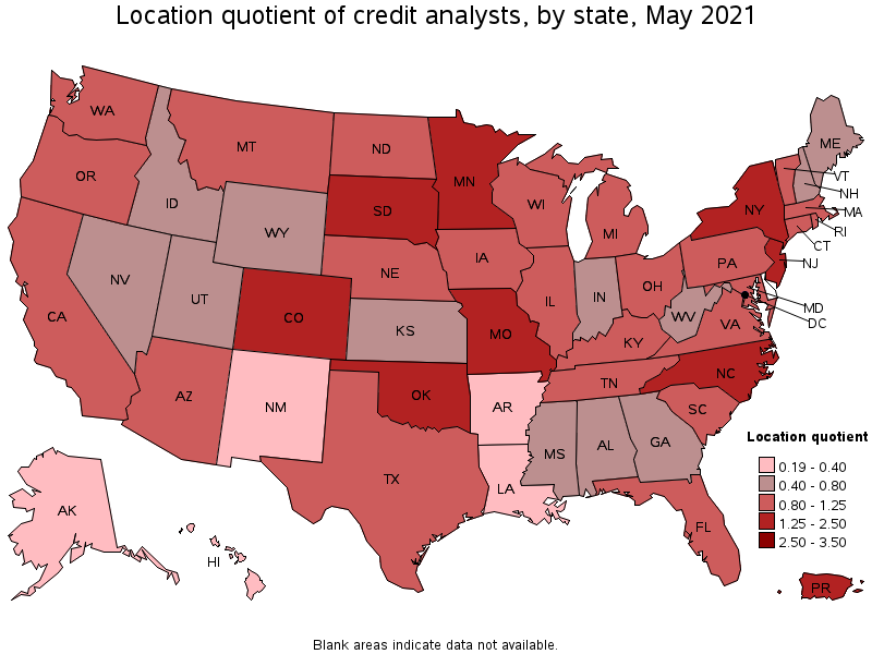 Map of location quotient of credit analysts by state, May 2021