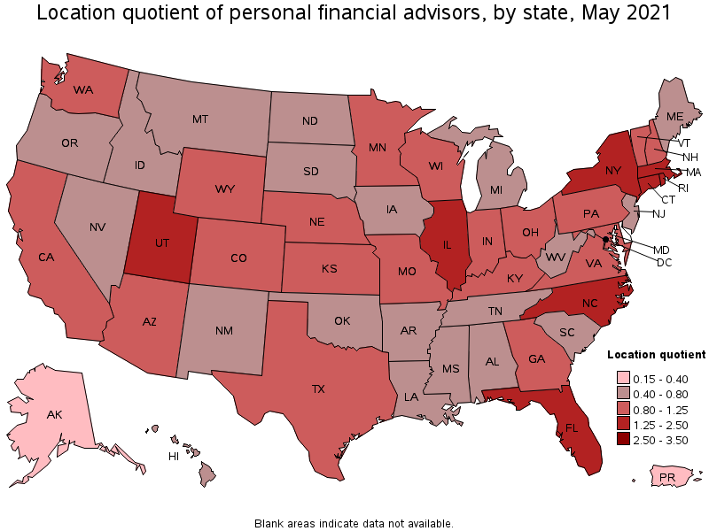 Map of location quotient of personal financial advisors by state, May 2021