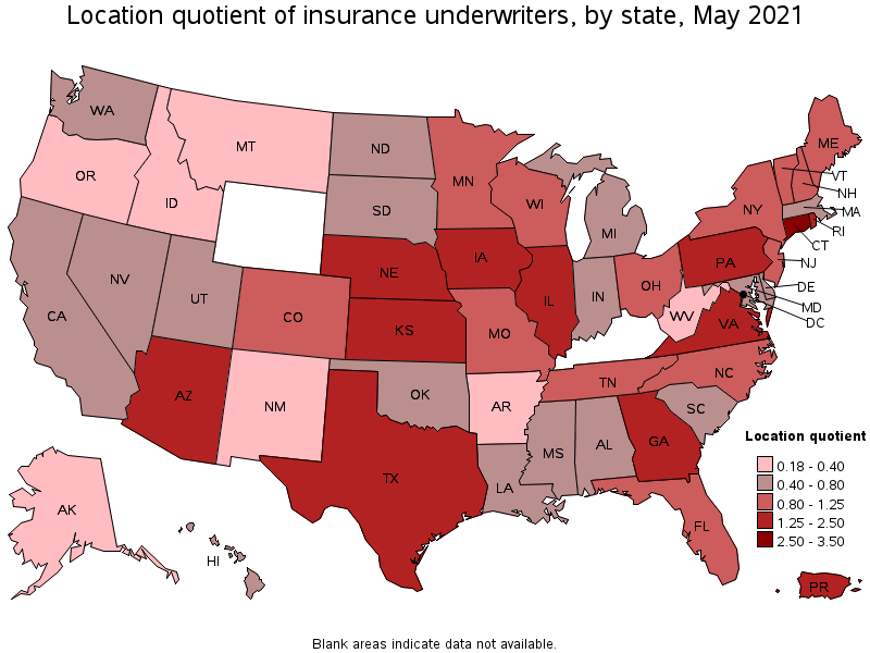 Map of location quotient of insurance underwriters by state, May 2021