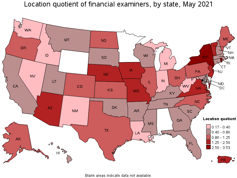 Map of location quotient of financial examiners by state, May 2021