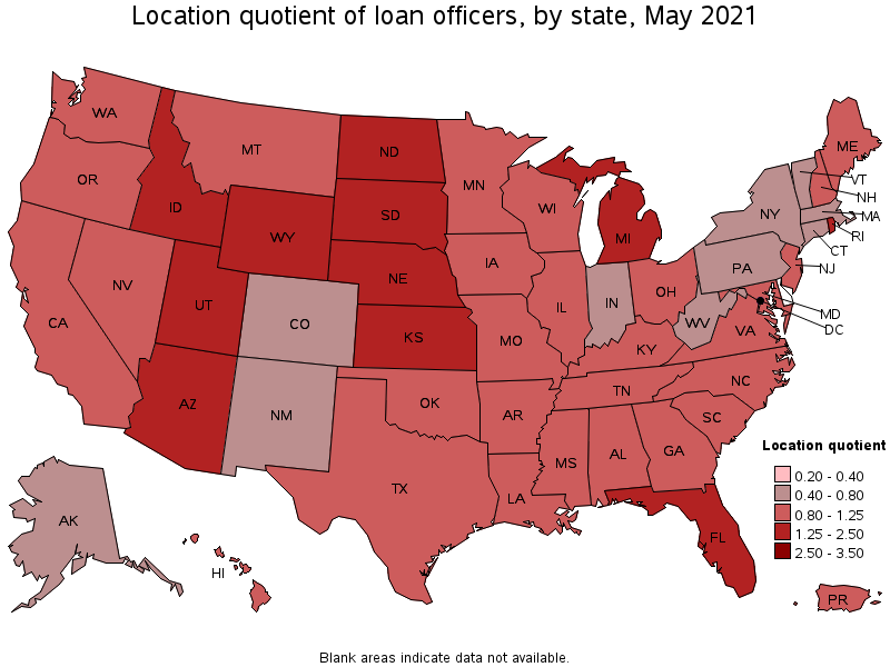 Map of location quotient of loan officers by state, May 2021