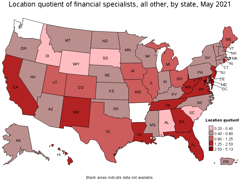 Map of location quotient of financial specialists, all other by state, May 2021