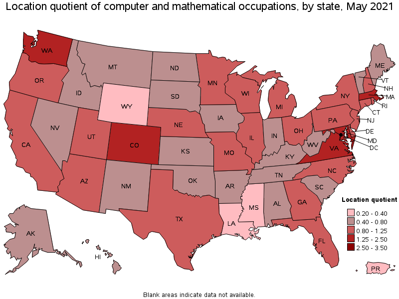 Map of location quotient of computer and mathematical occupations by state, May 2021