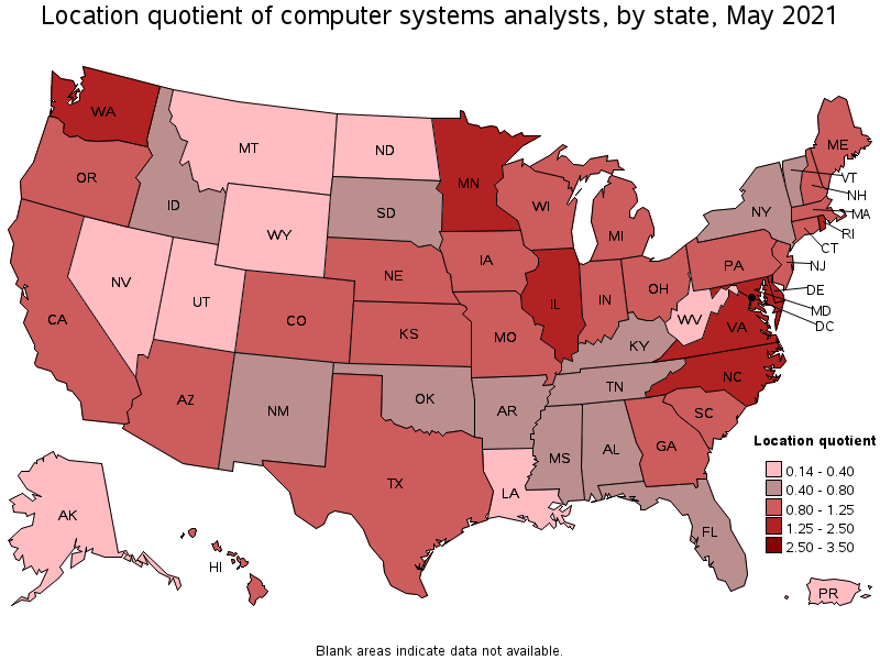 Map of location quotient of computer systems analysts by state, May 2021