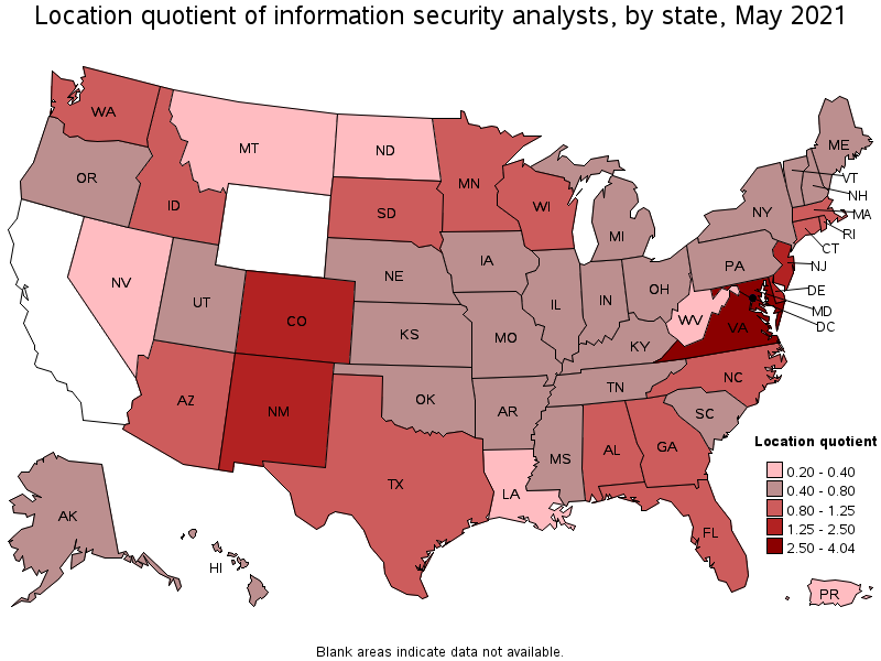 Map of location quotient of information security analysts by state, May 2021