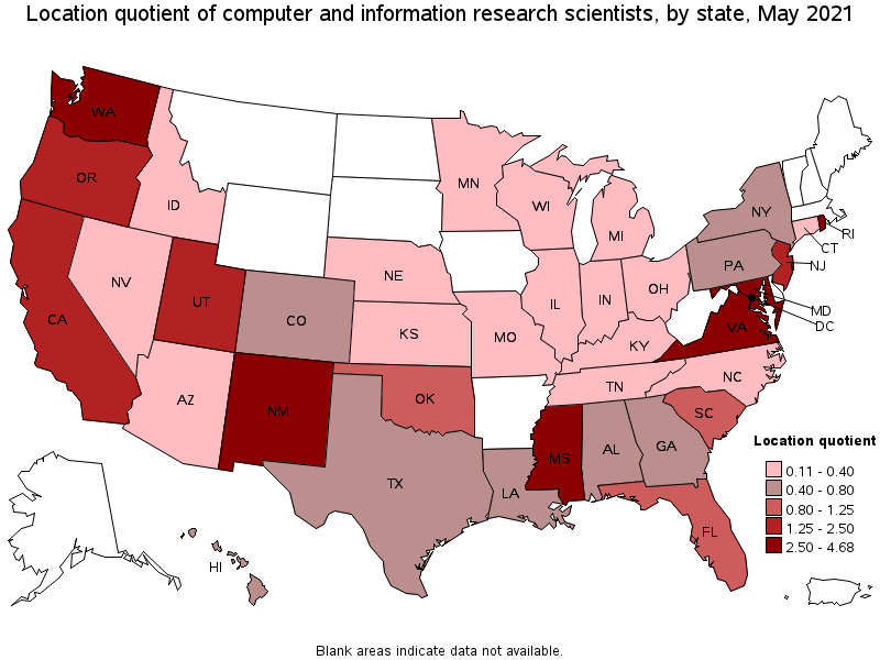 Map of location quotient of computer and information research scientists by state, May 2021