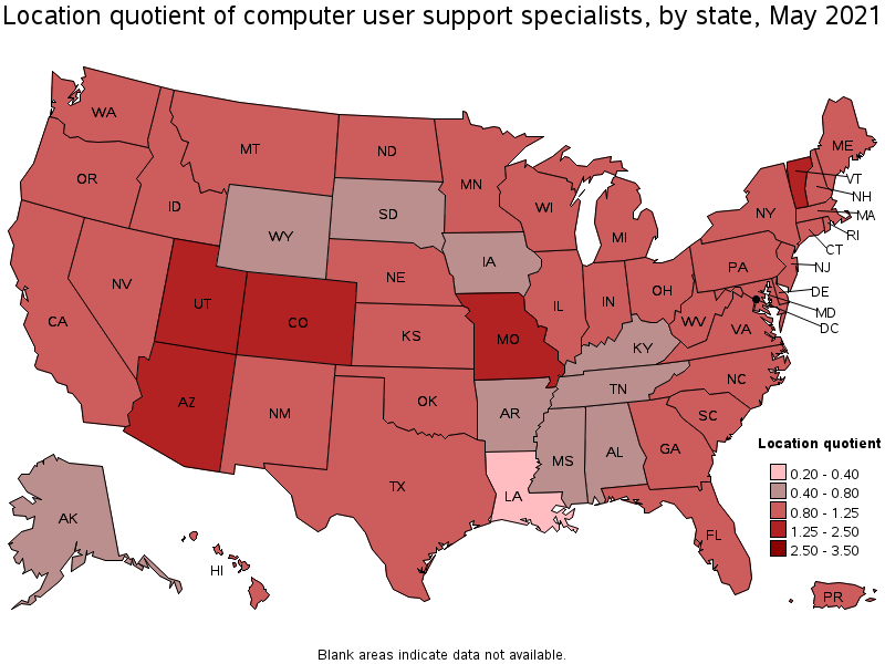 Map of location quotient of computer user support specialists by state, May 2021