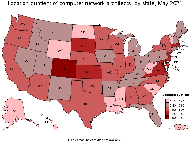 Map of location quotient of computer network architects by state, May 2021