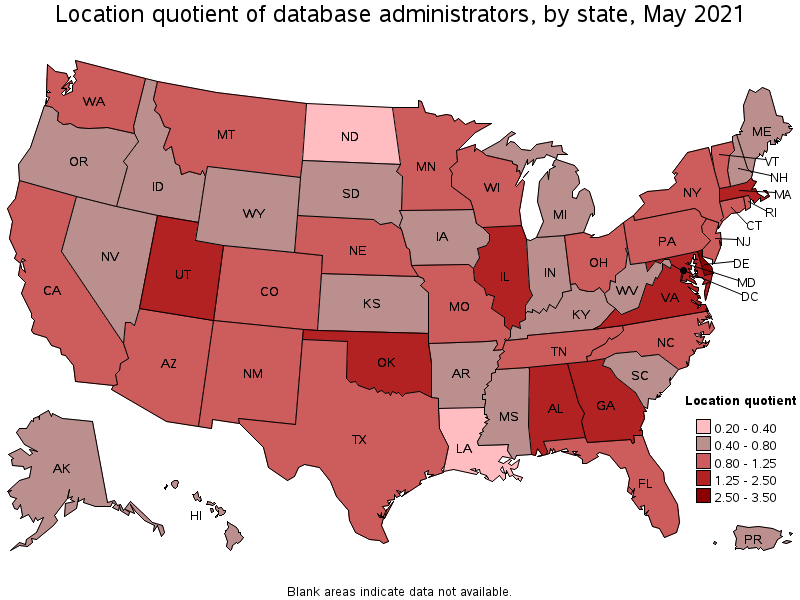 Map of location quotient of database administrators by state, May 2021