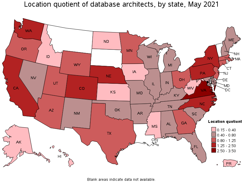 Map of location quotient of database architects by state, May 2021
