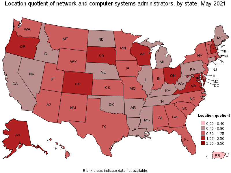 Map of location quotient of network and computer systems administrators by state, May 2021