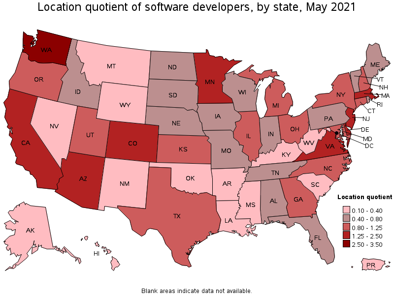 Map of location quotient of software developers by state, May 2021