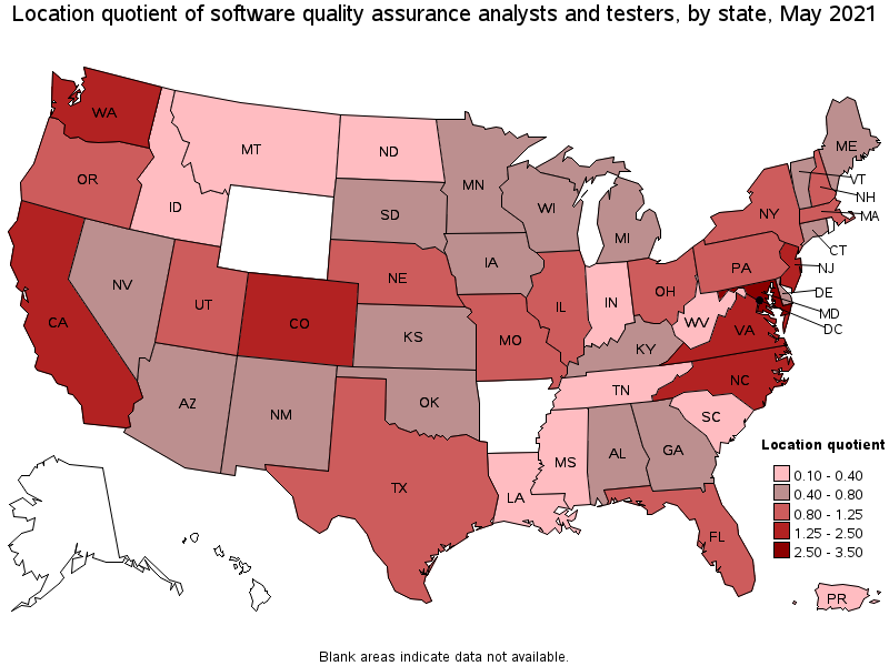 Map of location quotient of software quality assurance analysts and testers by state, May 2021