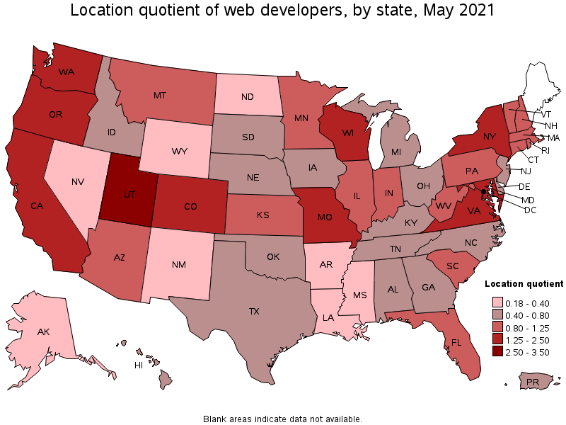 Map of location quotient of web developers by state, May 2021