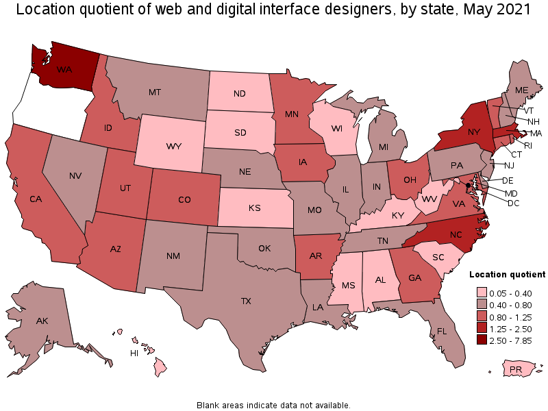 Map of location quotient of web and digital interface designers by state, May 2021