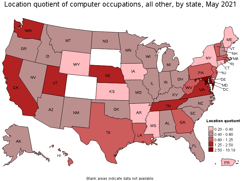 Map of location quotient of computer occupations, all other by state, May 2021