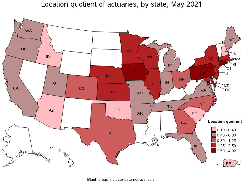 Map of location quotient of actuaries by state, May 2021