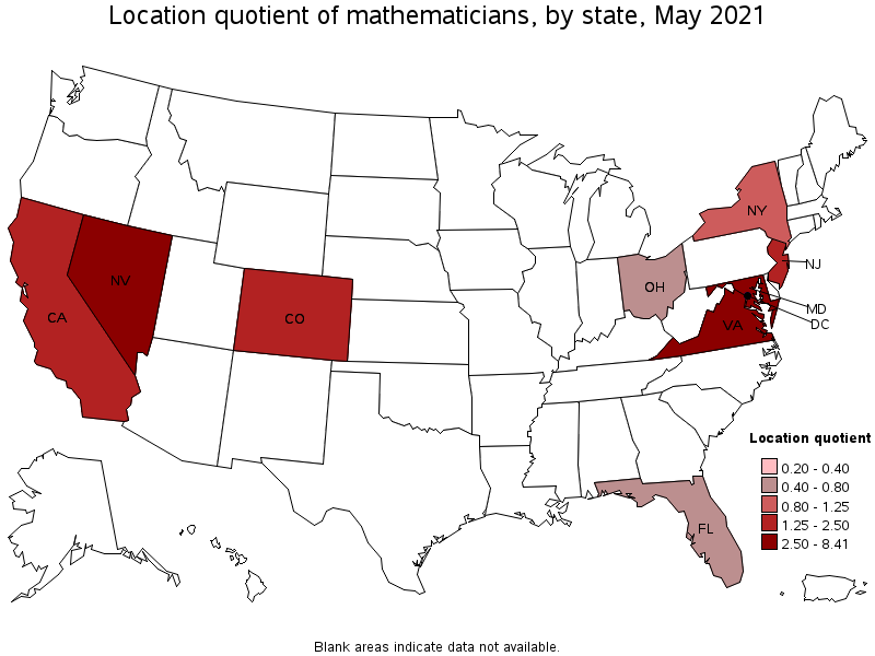 Map of location quotient of mathematicians by state, May 2021