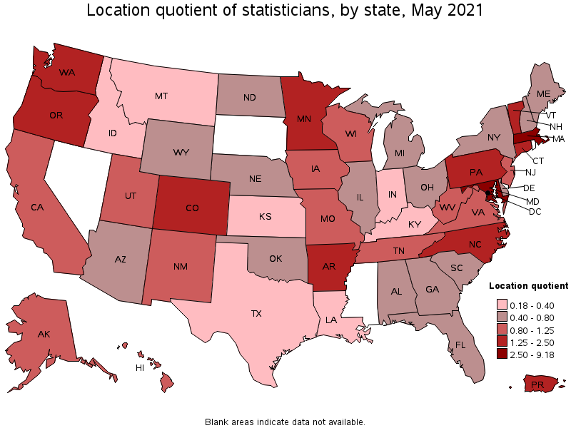 Map of location quotient of statisticians by state, May 2021