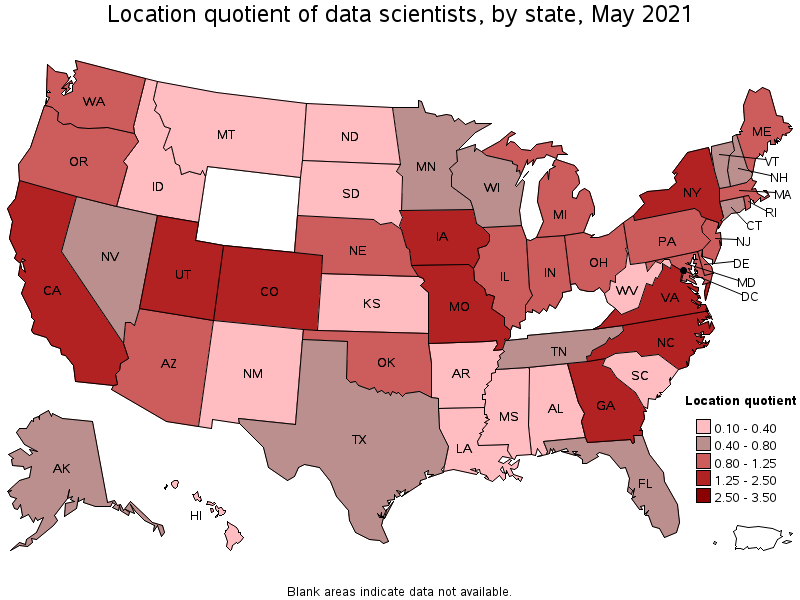Map of location quotient of data scientists by state, May 2021
