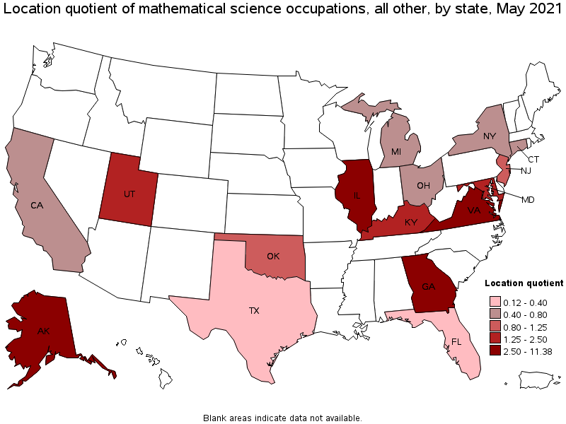 Map of location quotient of mathematical science occupations, all other by state, May 2021