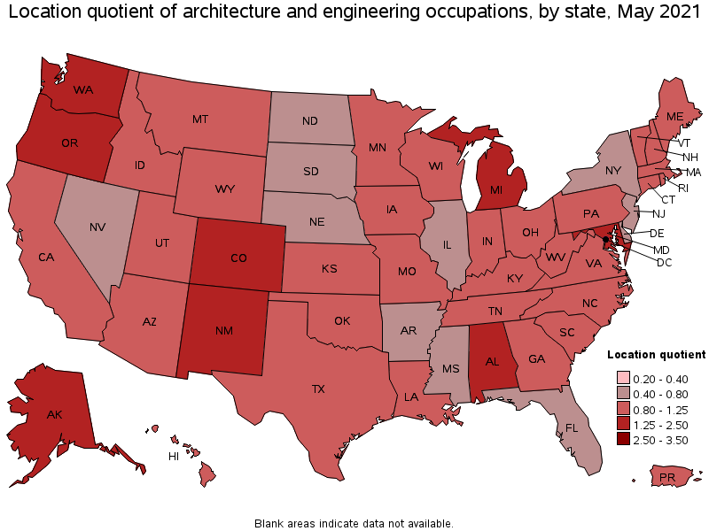 Map of location quotient of architecture and engineering occupations by state, May 2021