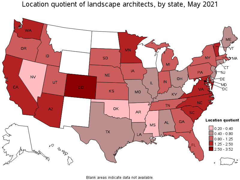 Map of location quotient of landscape architects by state, May 2021