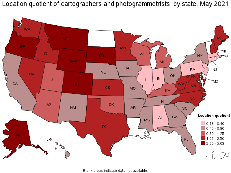 Map of location quotient of cartographers and photogrammetrists by state, May 2021