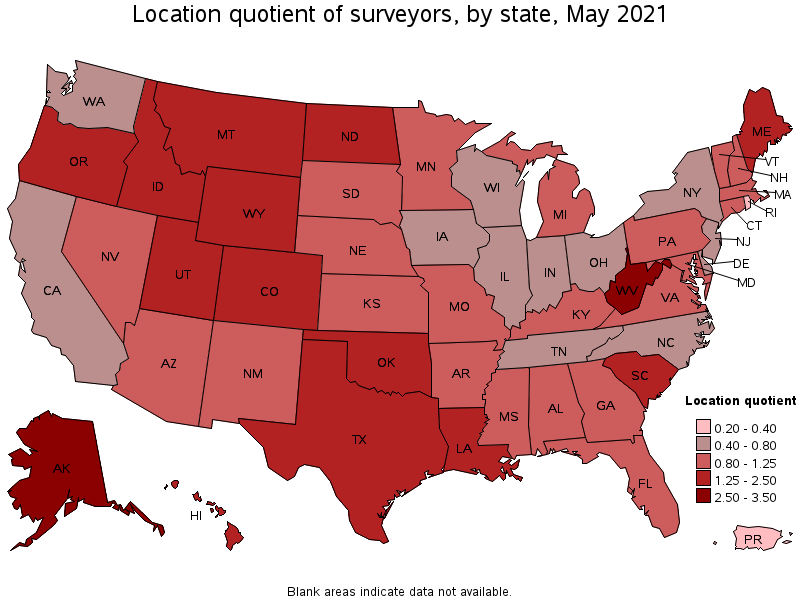 Map of location quotient of surveyors by state, May 2021