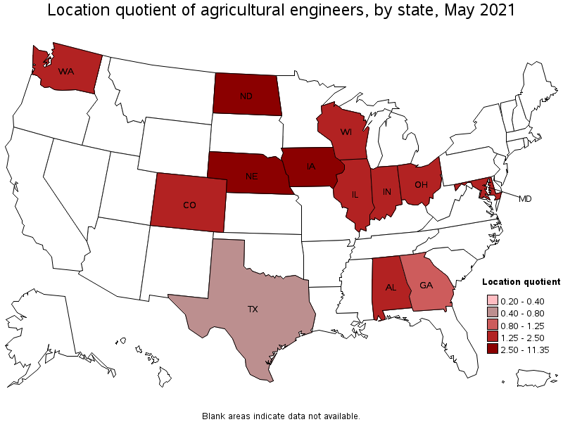 Map of location quotient of agricultural engineers by state, May 2021