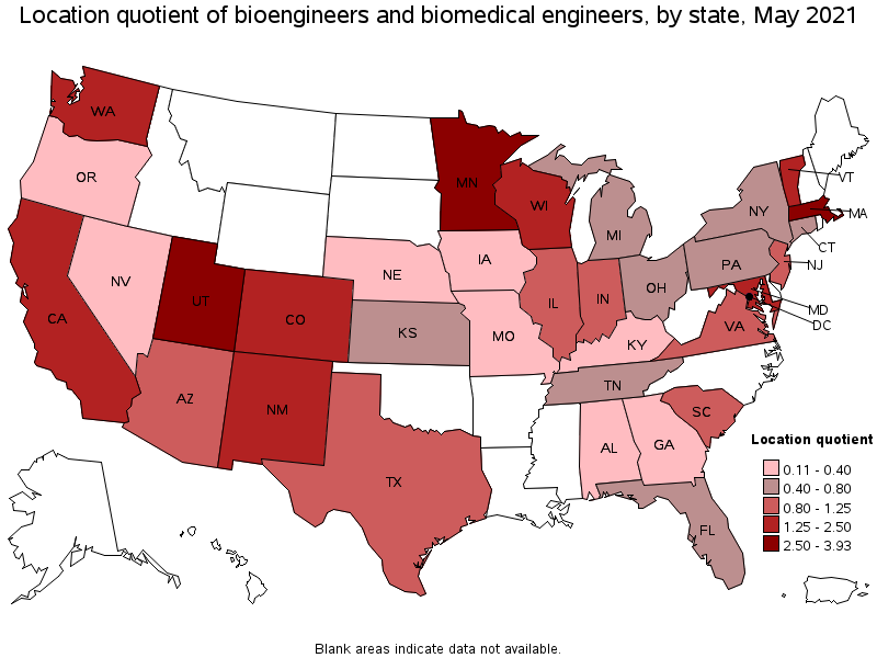 Map of location quotient of bioengineers and biomedical engineers by state, May 2021
